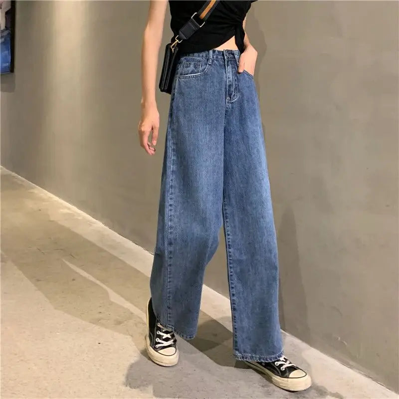 2025 New Wide-leg Jeans for Women, Slim and Versatile Retro Korean Version Loose Student High Waist Straight-tight Dad Pants